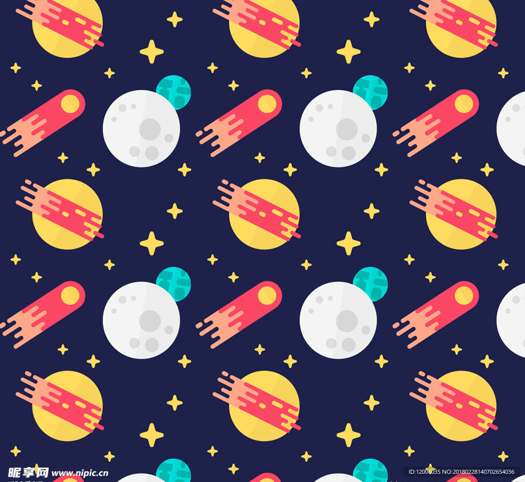 扁平化火箭和星球无缝背景矢量图