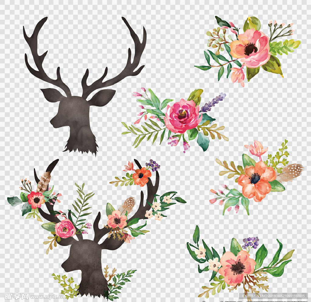 水彩 水粉 手绘 鹿角 花