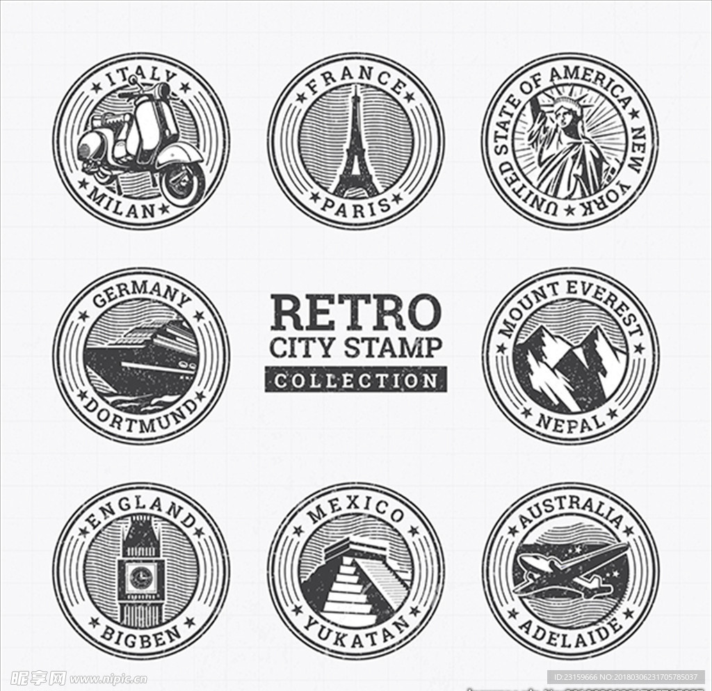 八款复古风地标邮戳