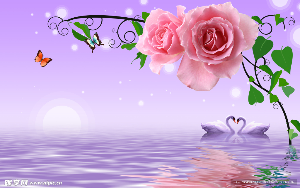 高清牡丹 天鹅 背景墙