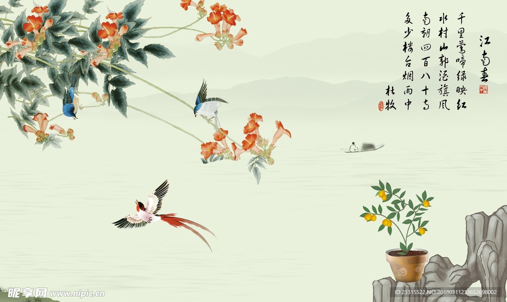 新中式江南春山水画背景墙