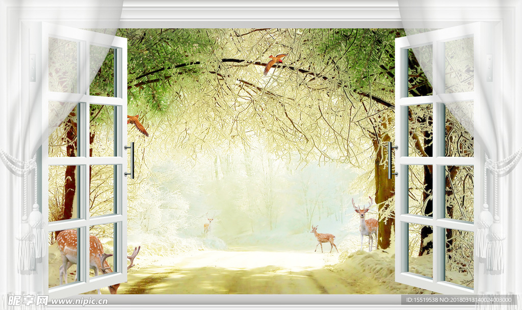 梦幻3d窗户抽象树林梅花鹿电视