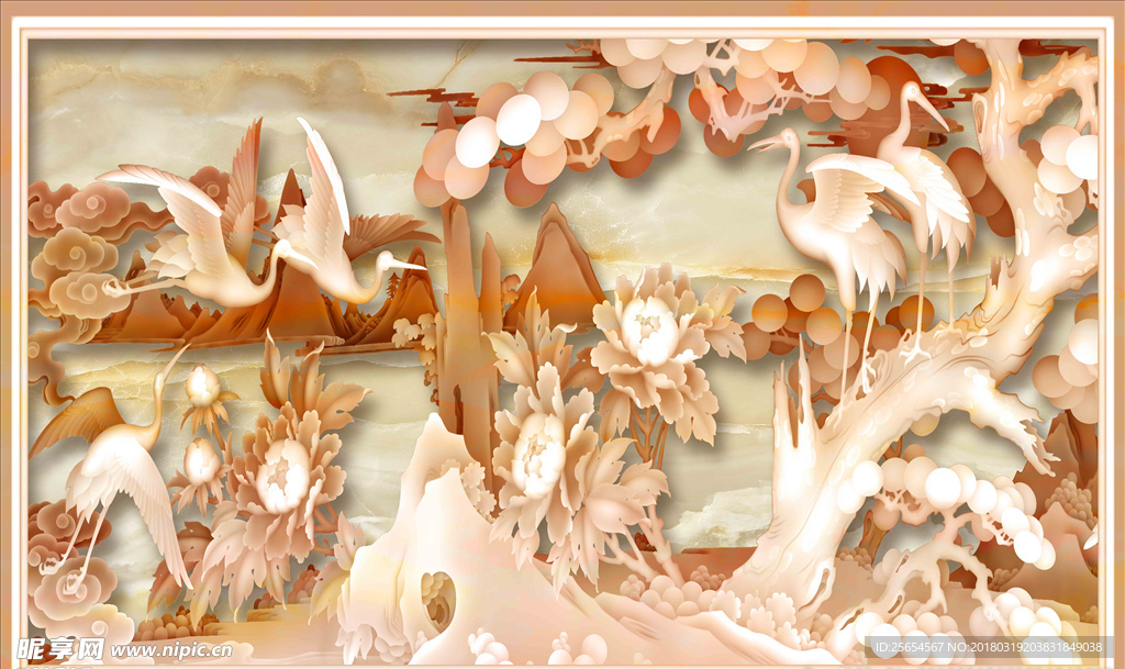 松鹤延年大理石浮雕电视背景墙