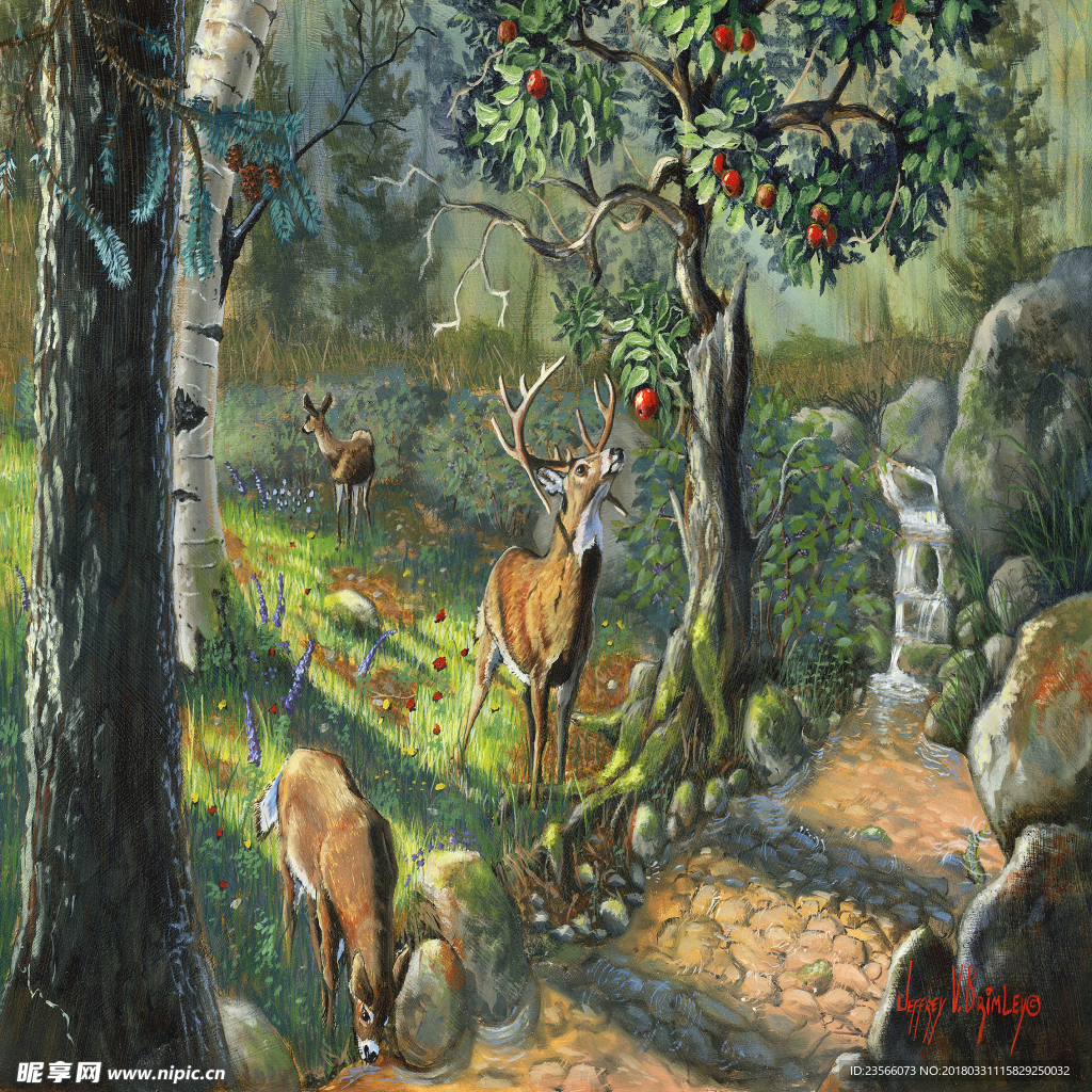 树林动物风景油画
