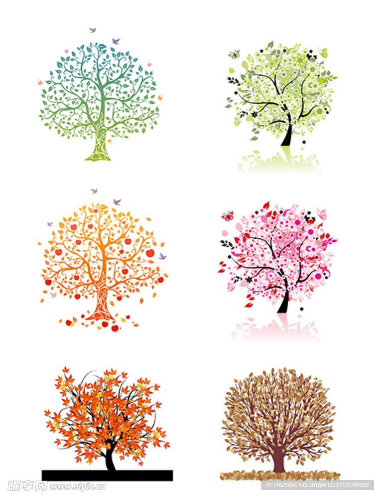 春夏秋冬创意色彩树木矢量素材
