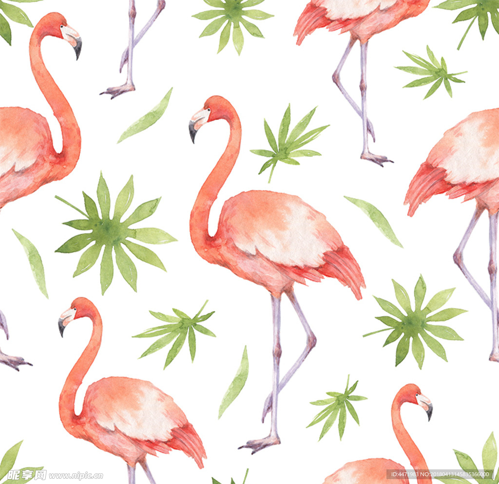 in热带植物叶子火烈鸟背景无缝