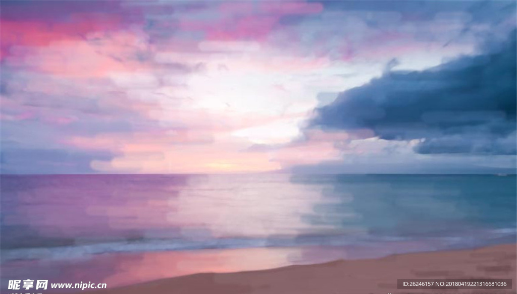 水彩大海沙滩火烧云背景图片下载