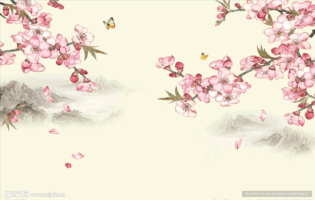 现代简约粉色桃花和彩蝶卧室背景