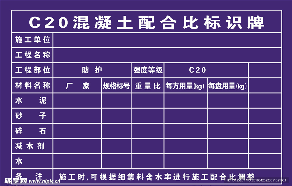 混凝土配合比标识牌
