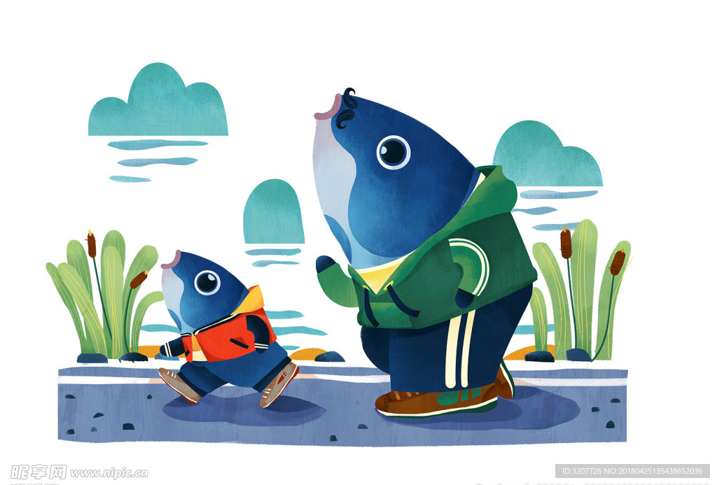 原创卡通鱼先生手绘插画