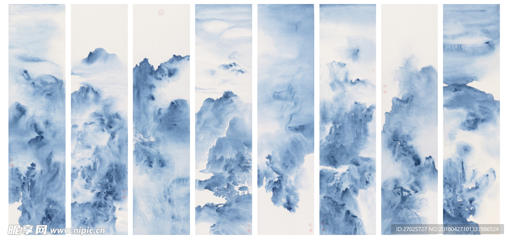 许振 水韵青花山水八条屏