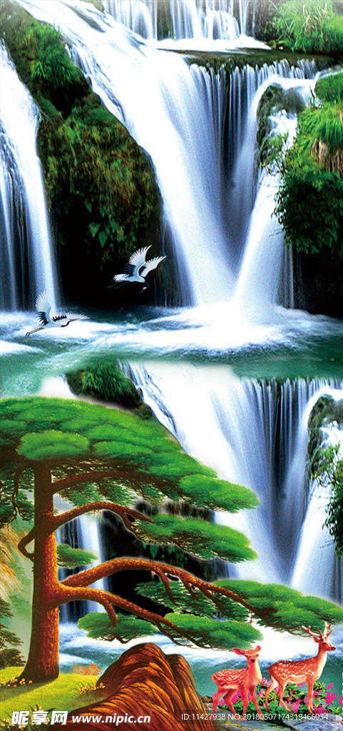 流水生财迎客松玄关背景墙