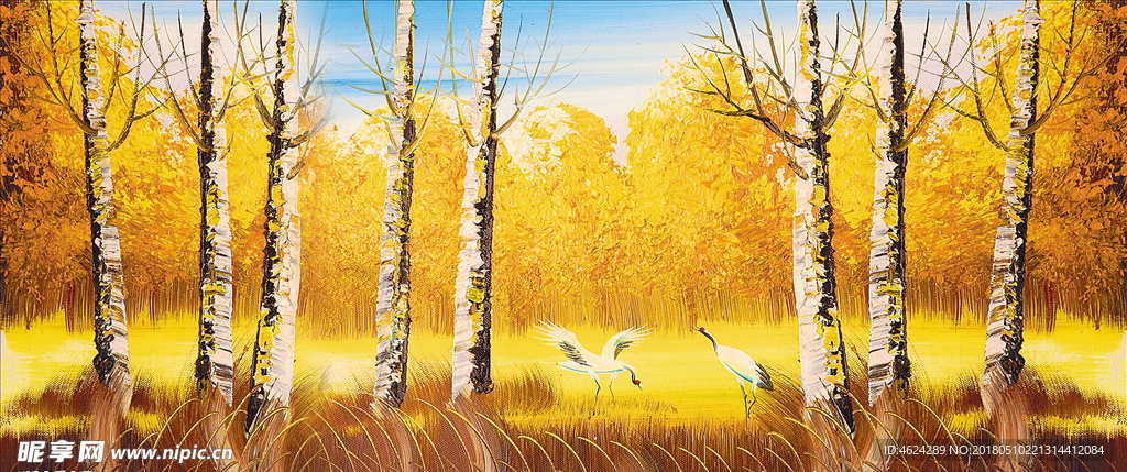 白桦树风景油画 秋天