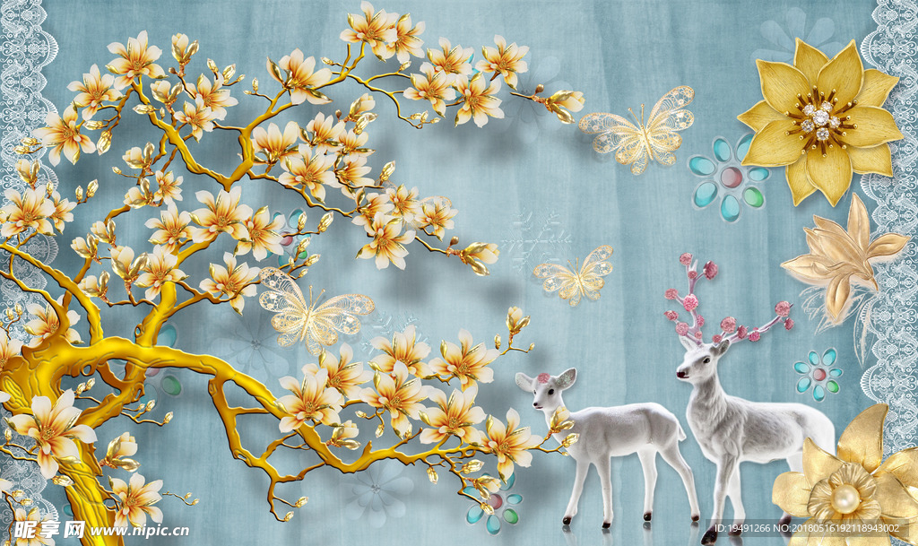 玉兰花3D麋鹿影视墙