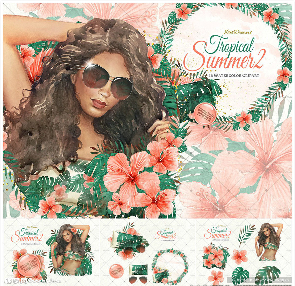 夏季美女热带树叶花朵水彩画