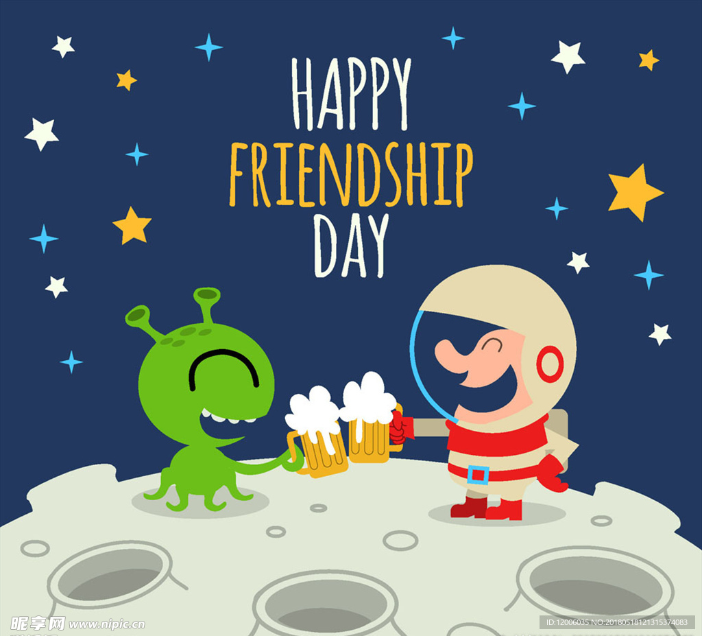 卡通啤酒碰杯的外星人和宇航员