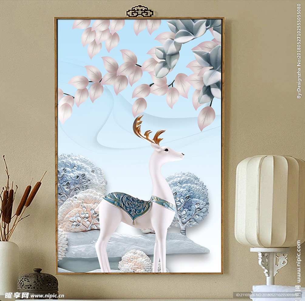 欧式立体浮雕发财树麋鹿玄关挂画