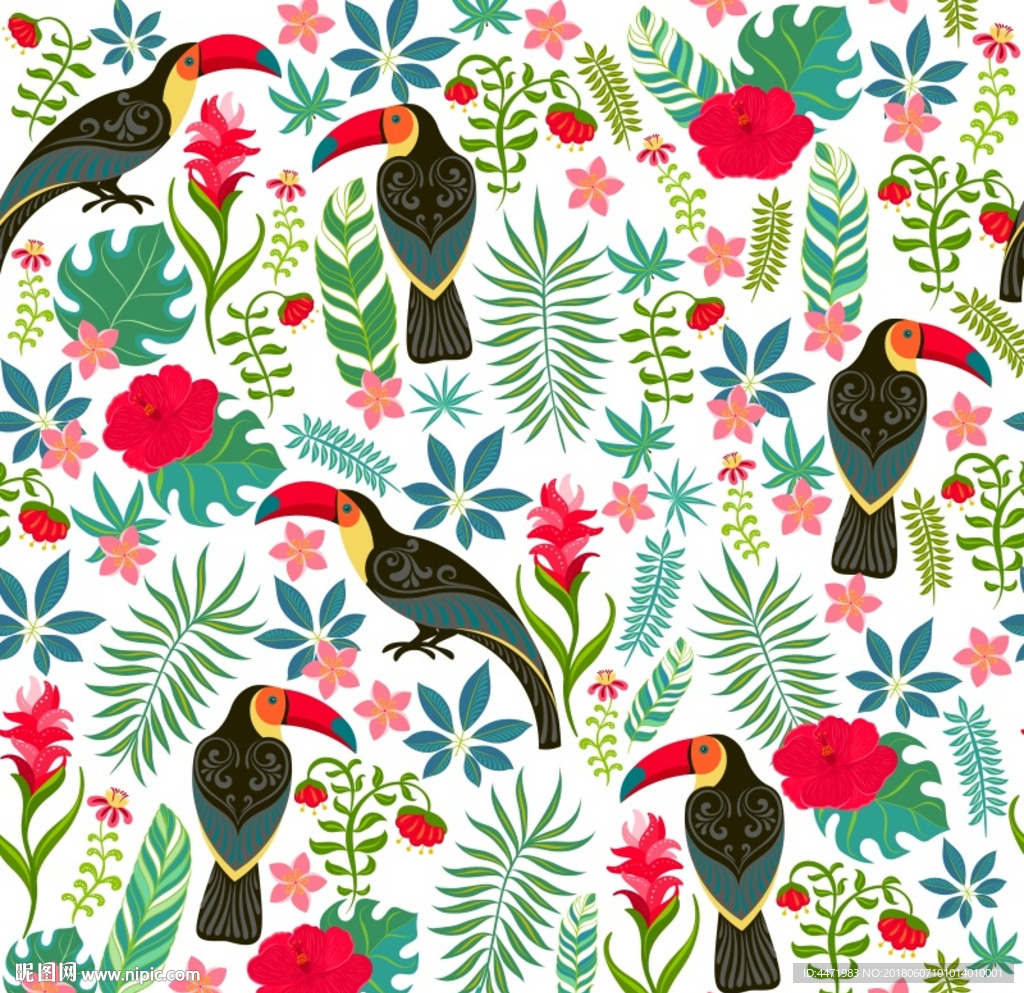 北欧热带大嘴鸟四方续图案