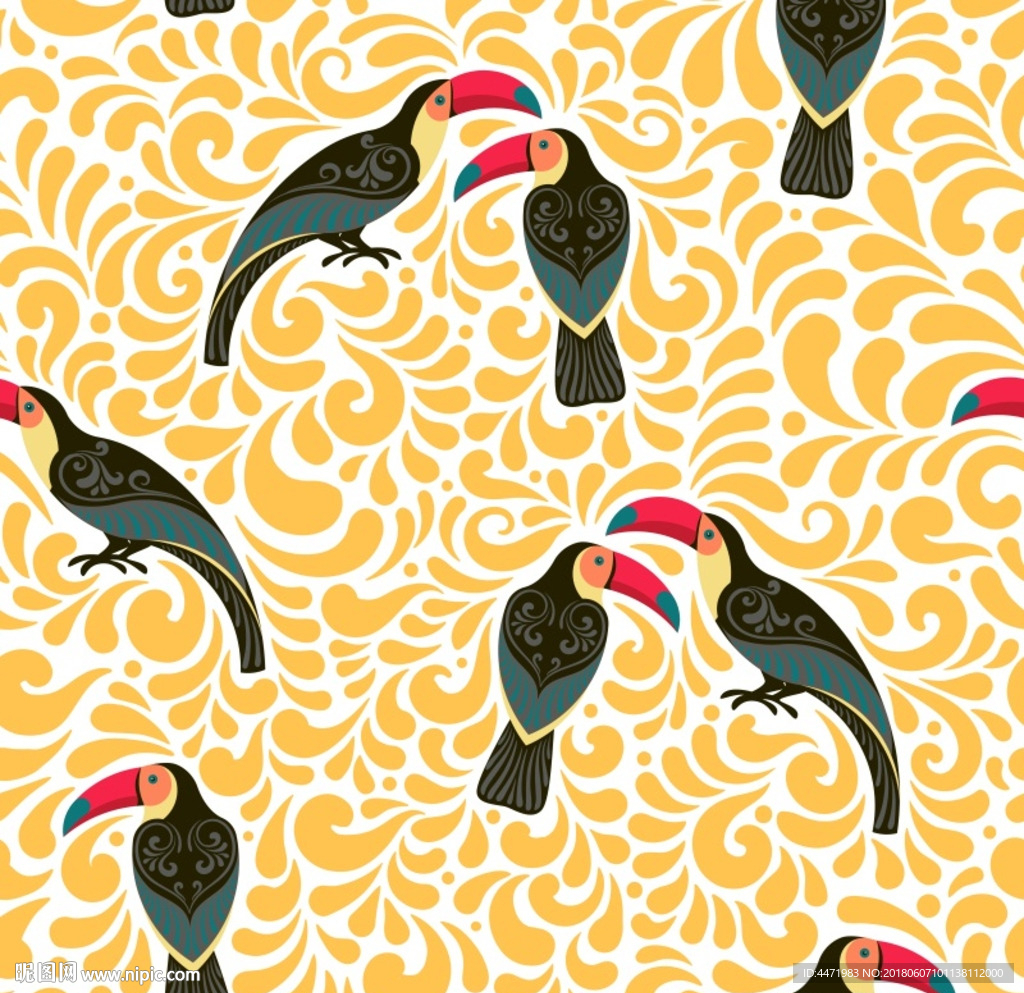 北欧热带大嘴鸟四方续图案