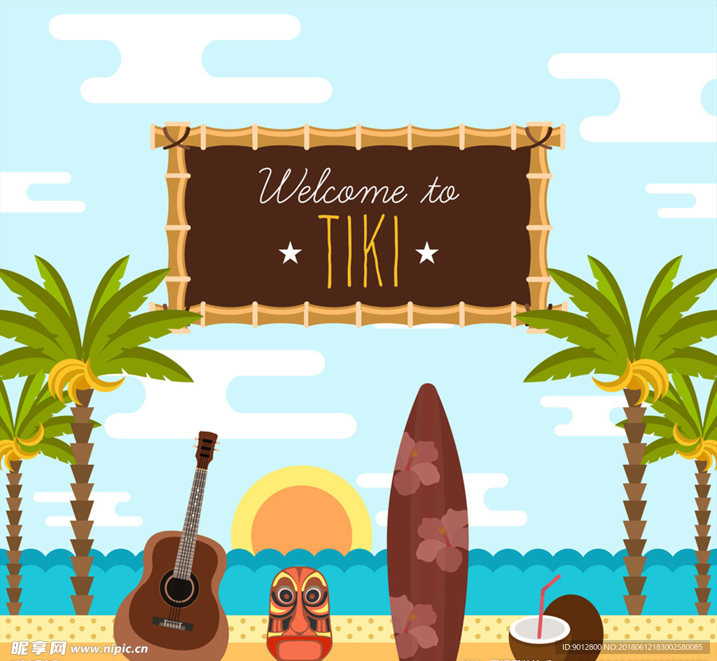 创意夏威夷沙滩风景元素