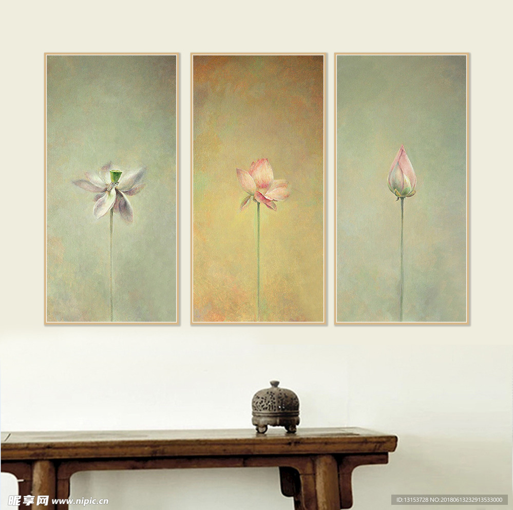新中式荷花荷叶油画三联装饰画