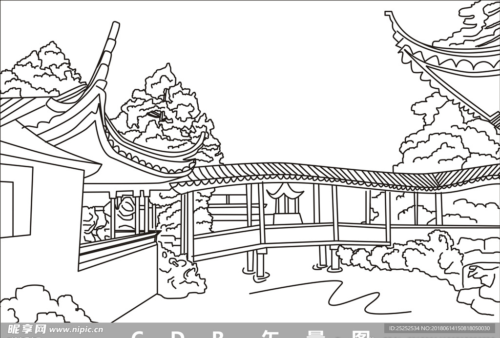苏州园林线描图插画