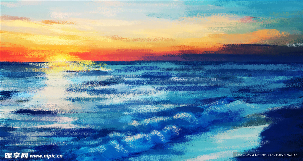 海上日出彩绘素材