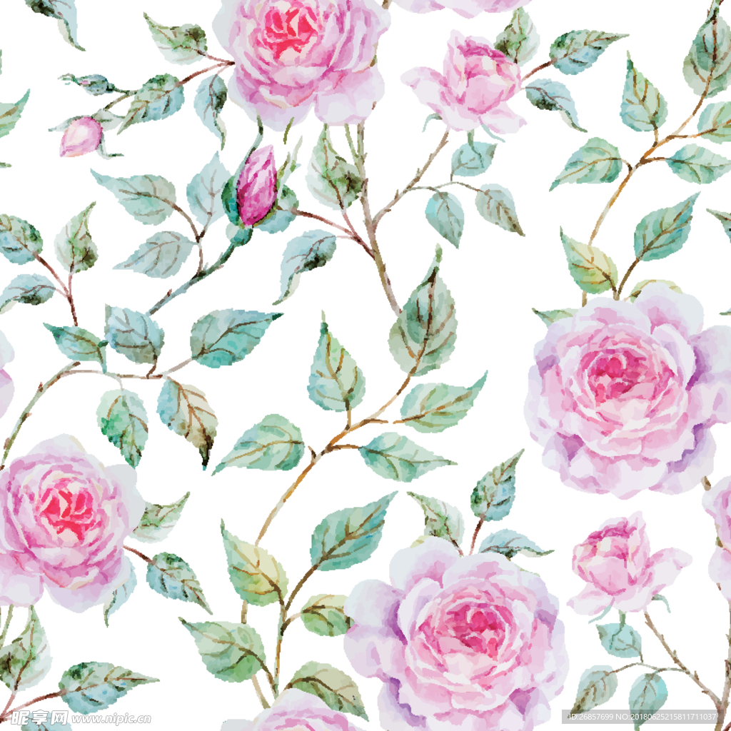 玫瑰月季无缝印花图案 玫瑰水彩