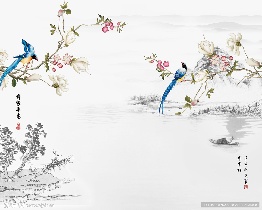 新中式手绘玉兰花鸟电视背景墙