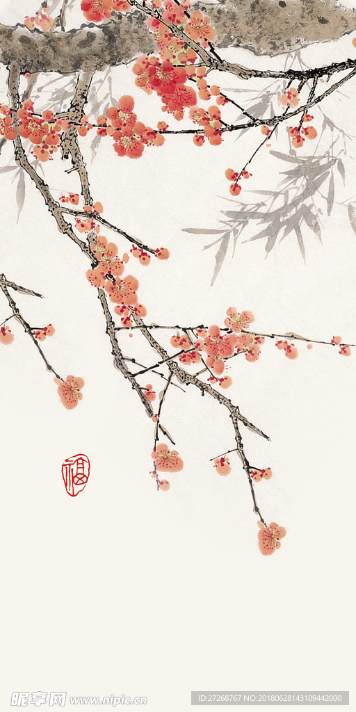 新中式手绘梅花玄关装饰画