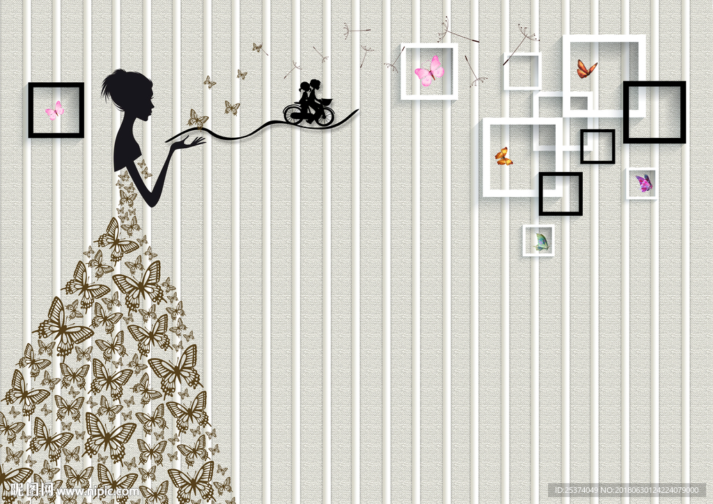 蝴蝶立体框布纹女郎背景墙