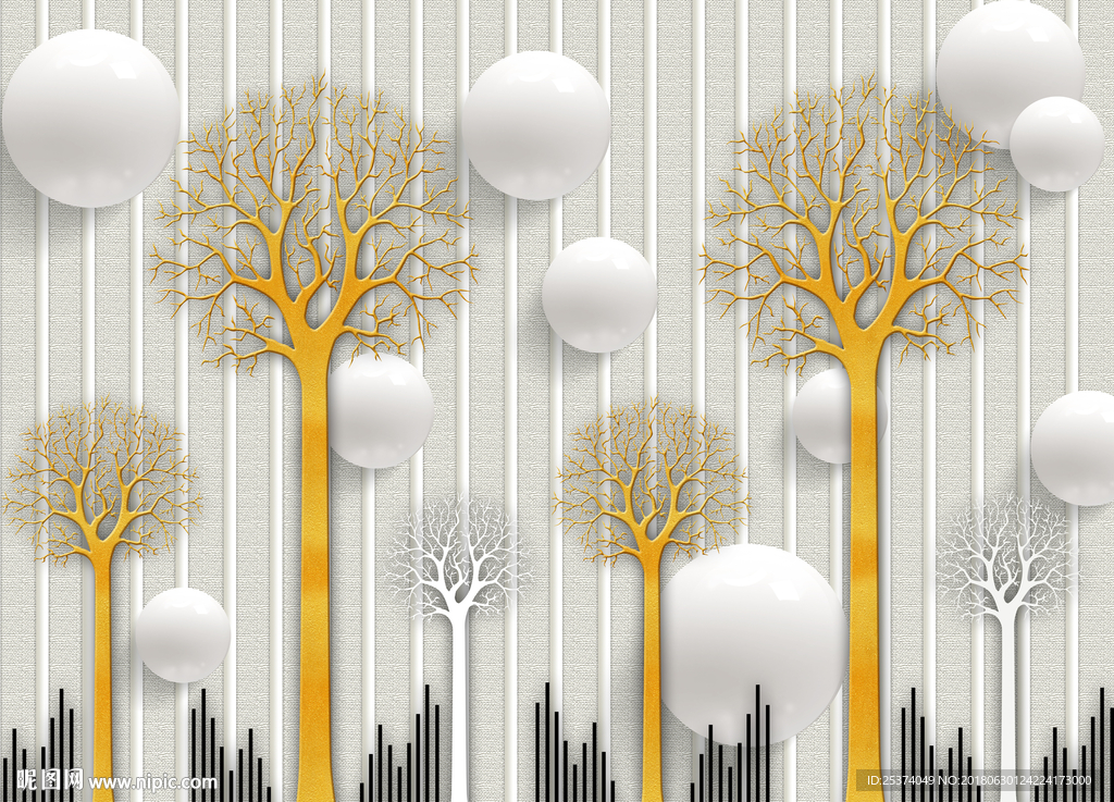 抽象树金色浮雕立体球布纹背景墙