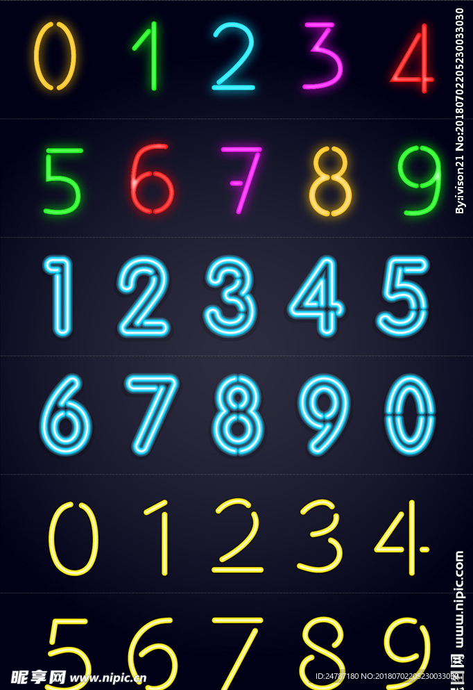 矢量彩色霓虹灯发光数字