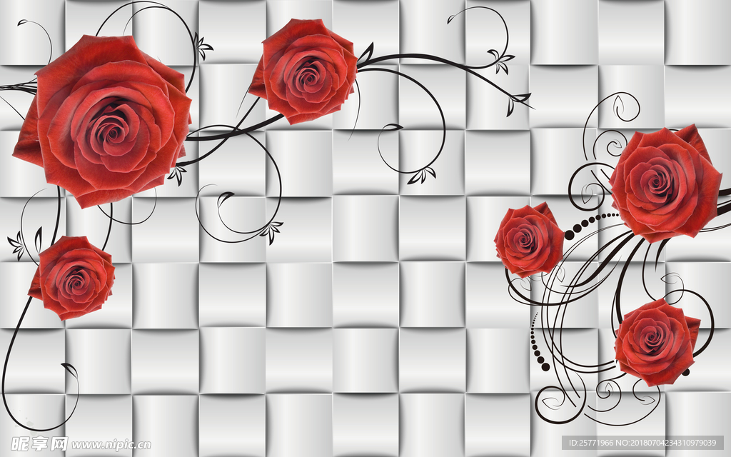 大型现代3D立体红色花卉壁画