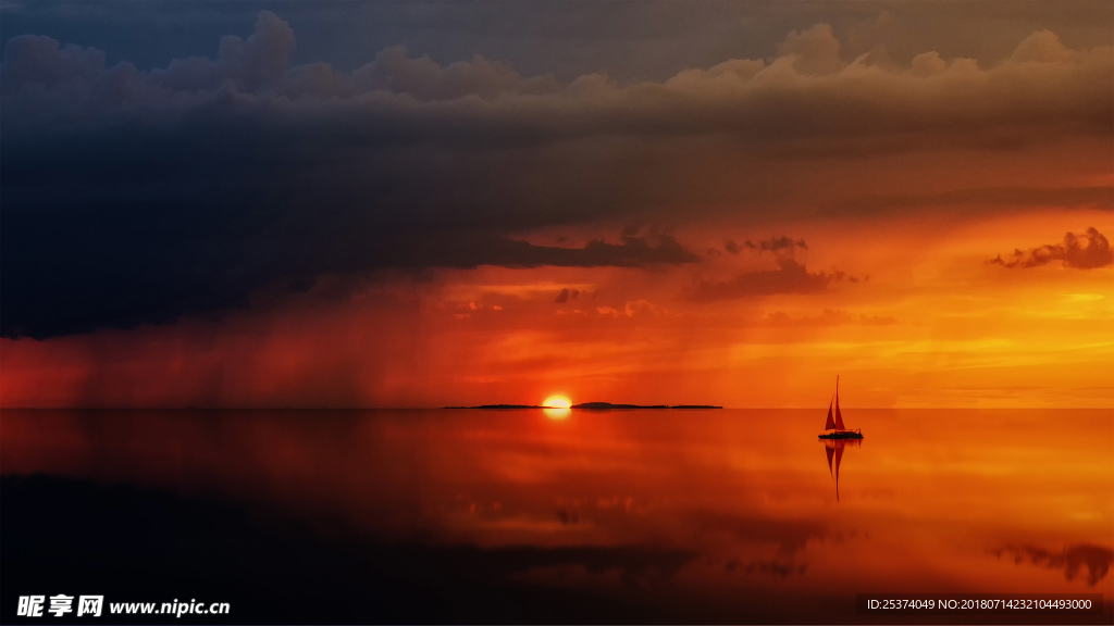 夕阳小船摄影油画唯美黄昏