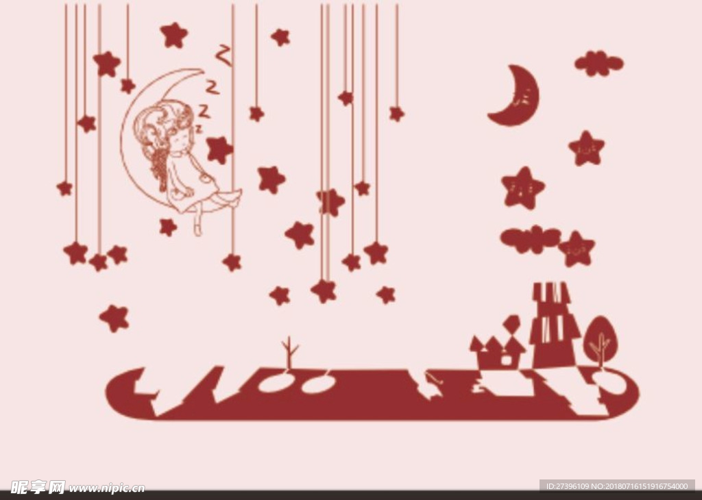 月亮下的小女孩 矢量图 星空