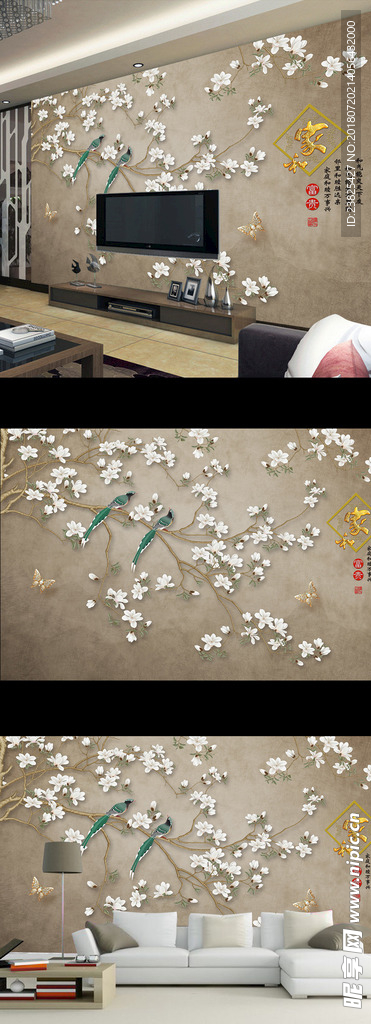 新中式手绘工笔玉兰花鸟背景墙