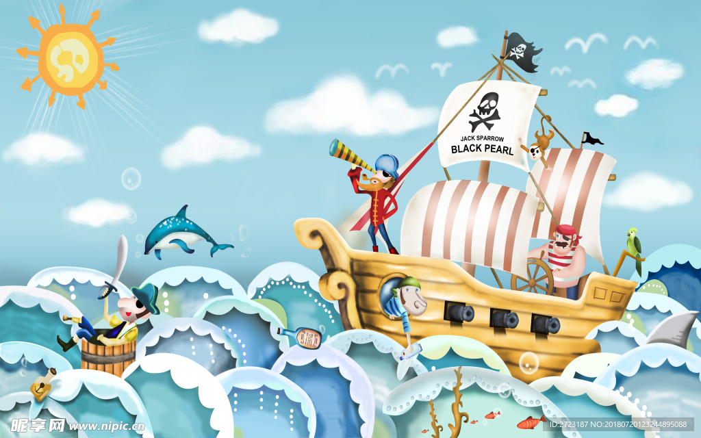 海盗船蓝色浪花壁画儿童背景墙