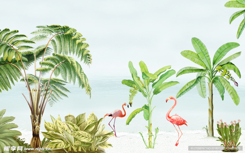 简约手绘火烈鸟壁纸北欧背景墙