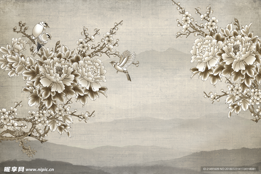 中式花鸟背景墙