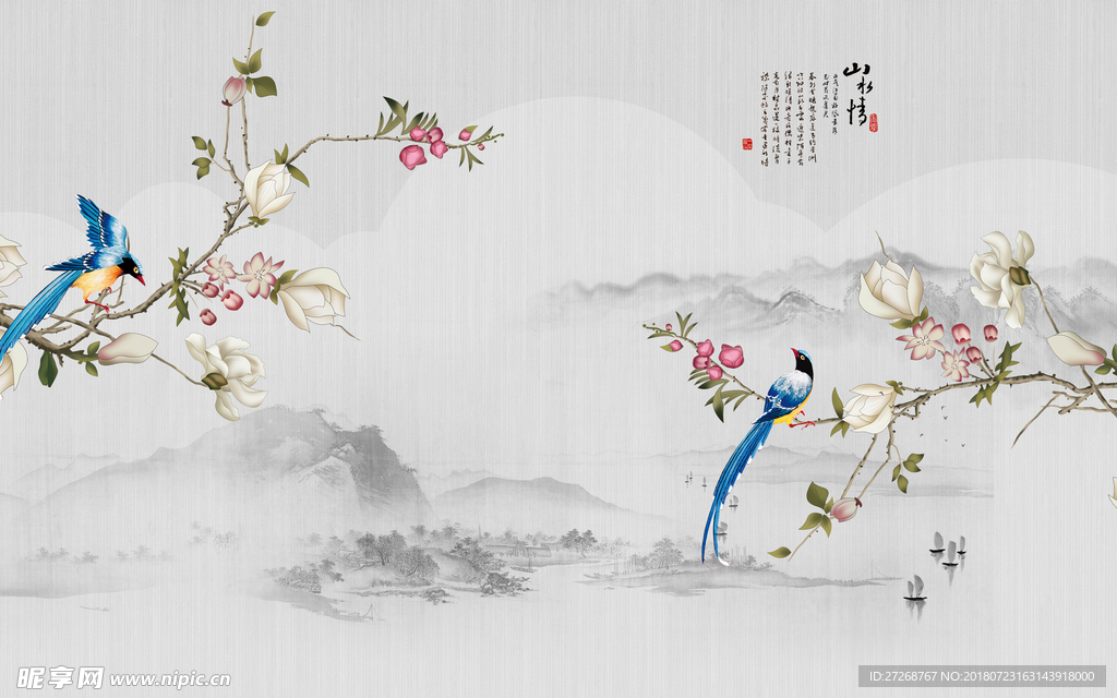 新中式手绘玉兰花鸟室雅兰香背景