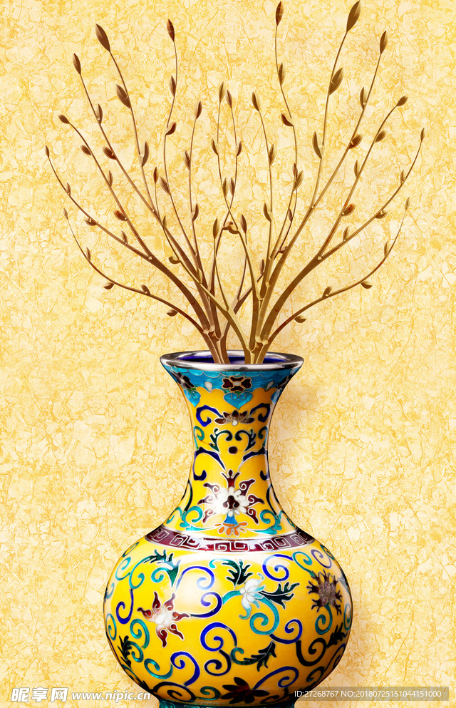 中式立体富贵花开黄金花瓶玄关