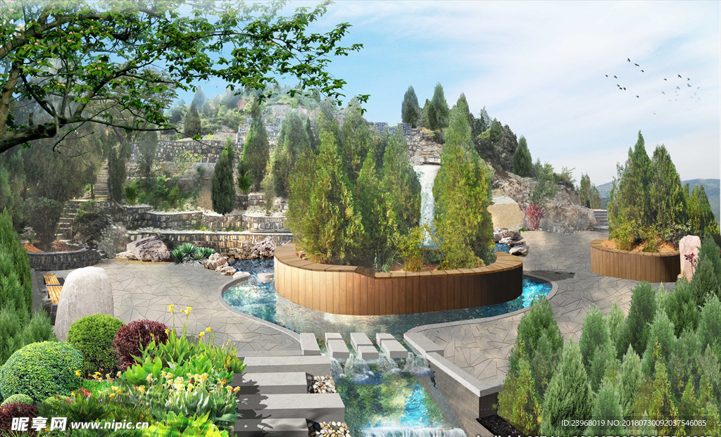 游园一角花坛水池假山效果图