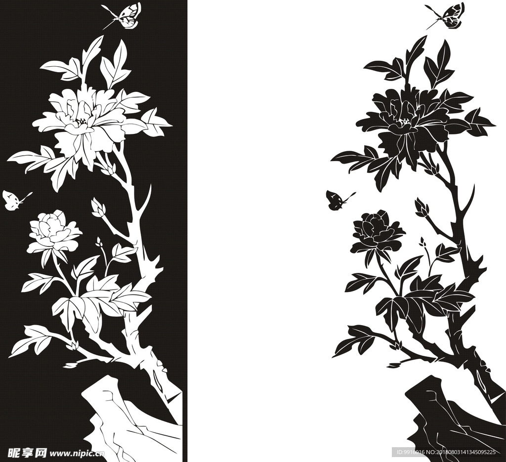 蝴蝶牡丹雕刻图案