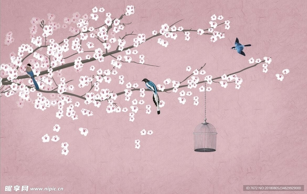 新中式手绘花鸟背景壁画壁纸