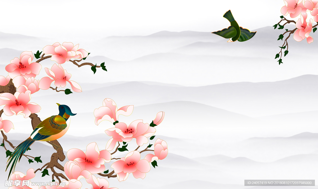 新中式手绘玉兰花鸟床头卧室背景