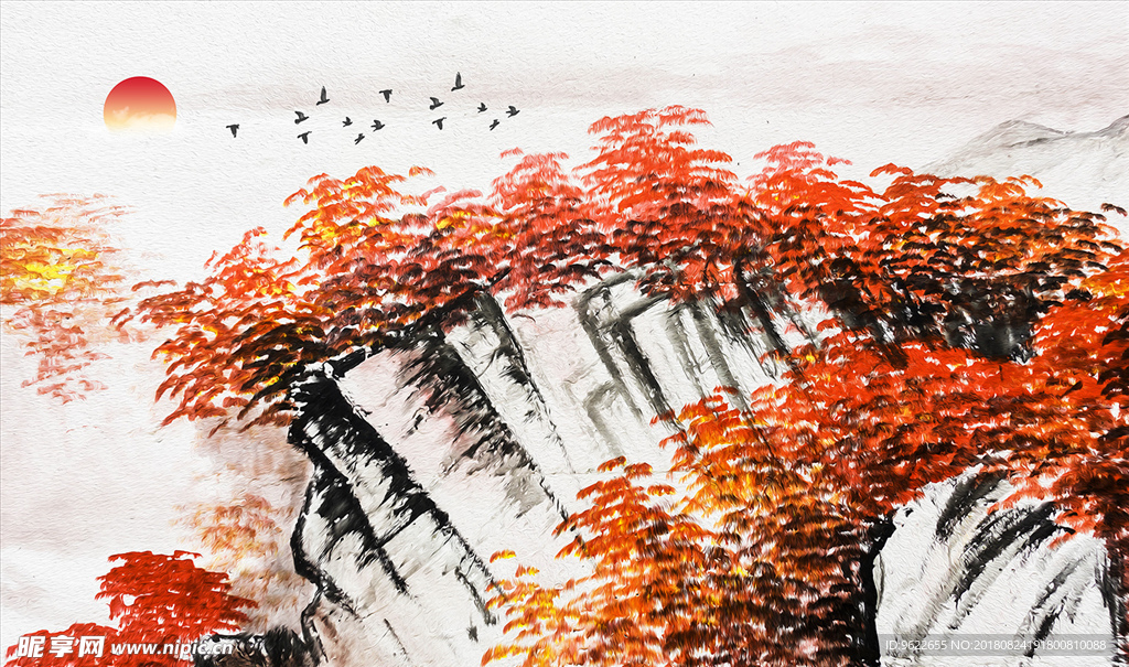 新中式意境山水油画风景电视背景