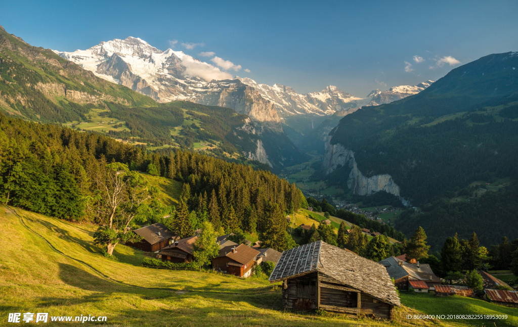 瑞士山房屋森林村镇峡谷
