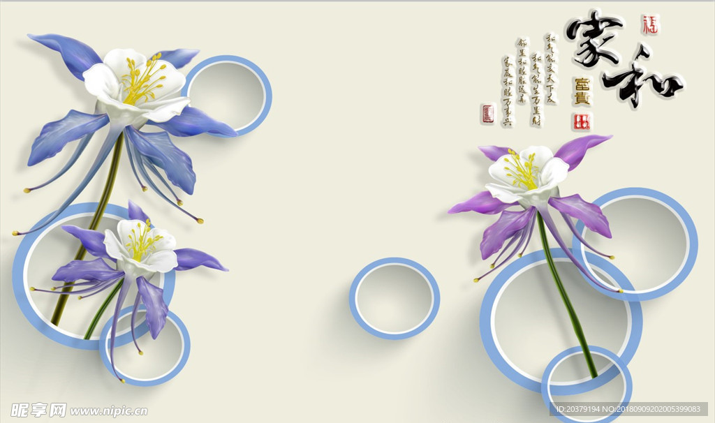 家和圆圈彩色浮雕花朵