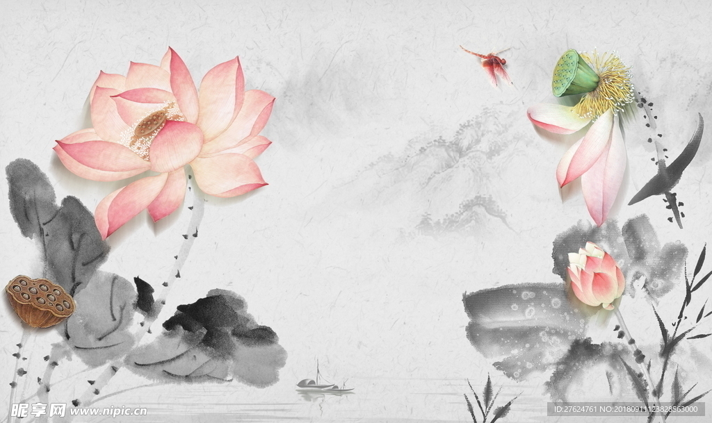 新中式水墨荷花背景图